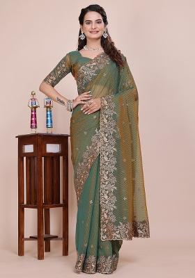 Green Embroidered Blended Saree Set