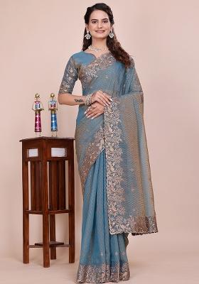 Grey Embroidered Blended Saree Set