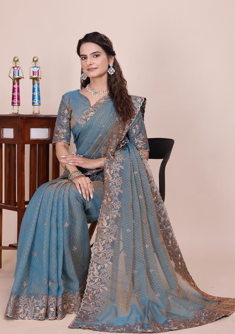 Grey Embroidered Blended Saree Set - Indya