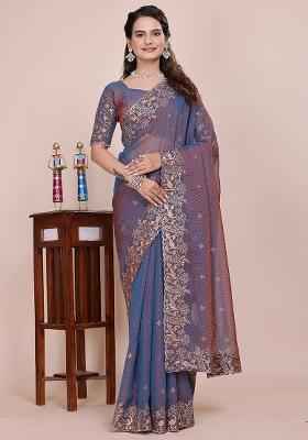 Navy Blue Embroidered Blended Saree Set