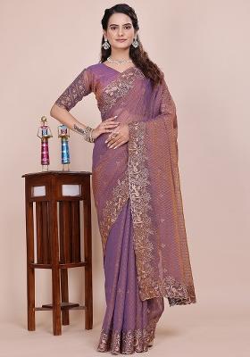 Purple Embroidered Blended Saree Set