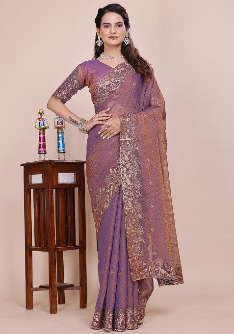 Purple Embroidered Blended Saree Set