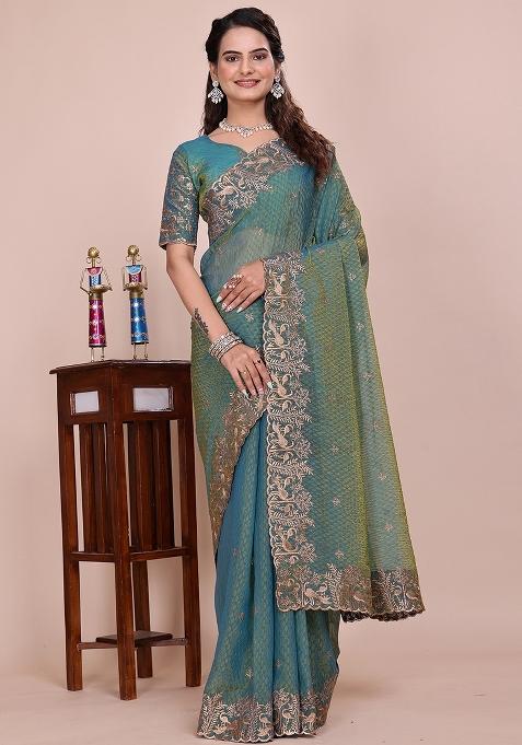 Sea Green Embroidered Blended Saree Set