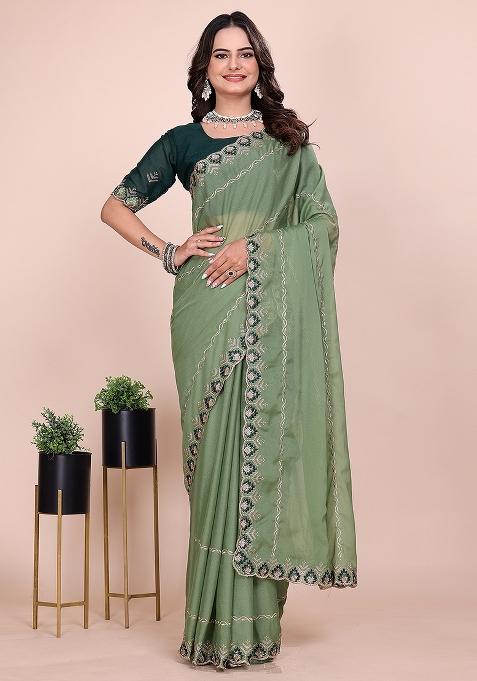 Pista Embroidered Georgette Saree Set