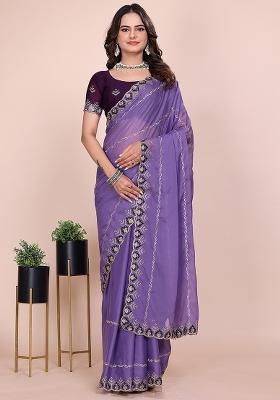 Purple Embroidered Georgette Saree Set