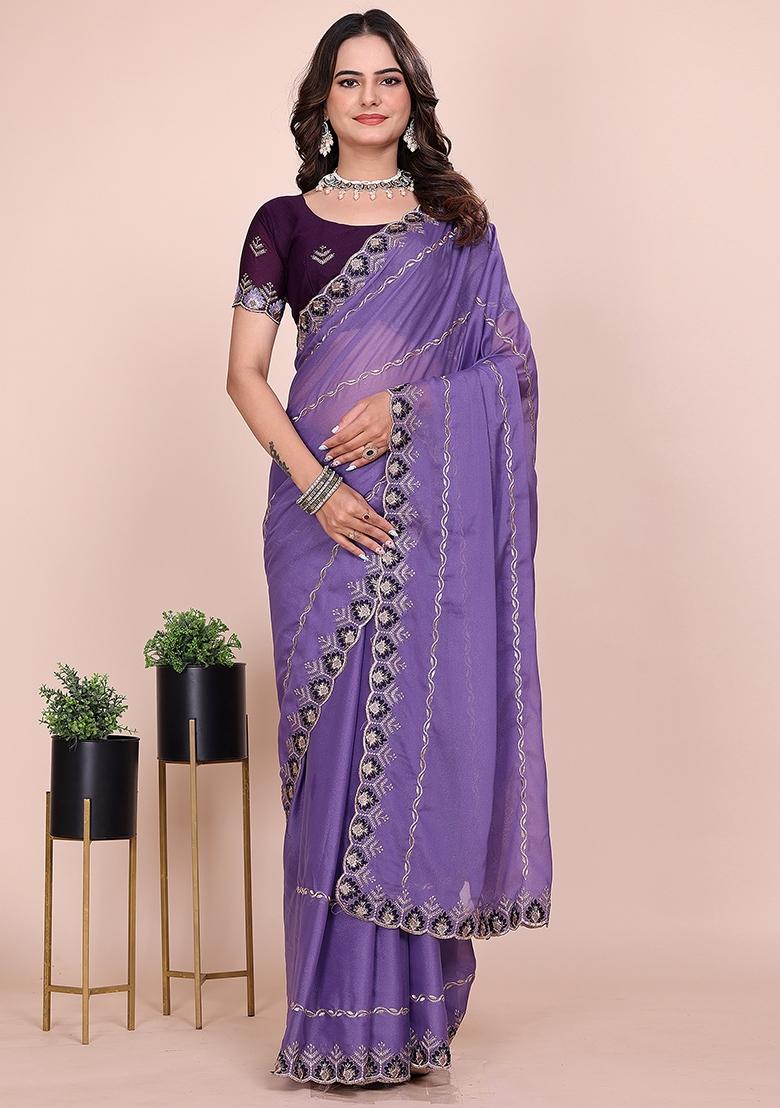Purple Embroidered Georgette Saree Set