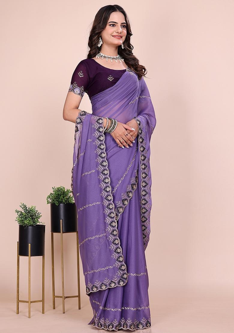 Purple Embroidered Georgette Saree Set