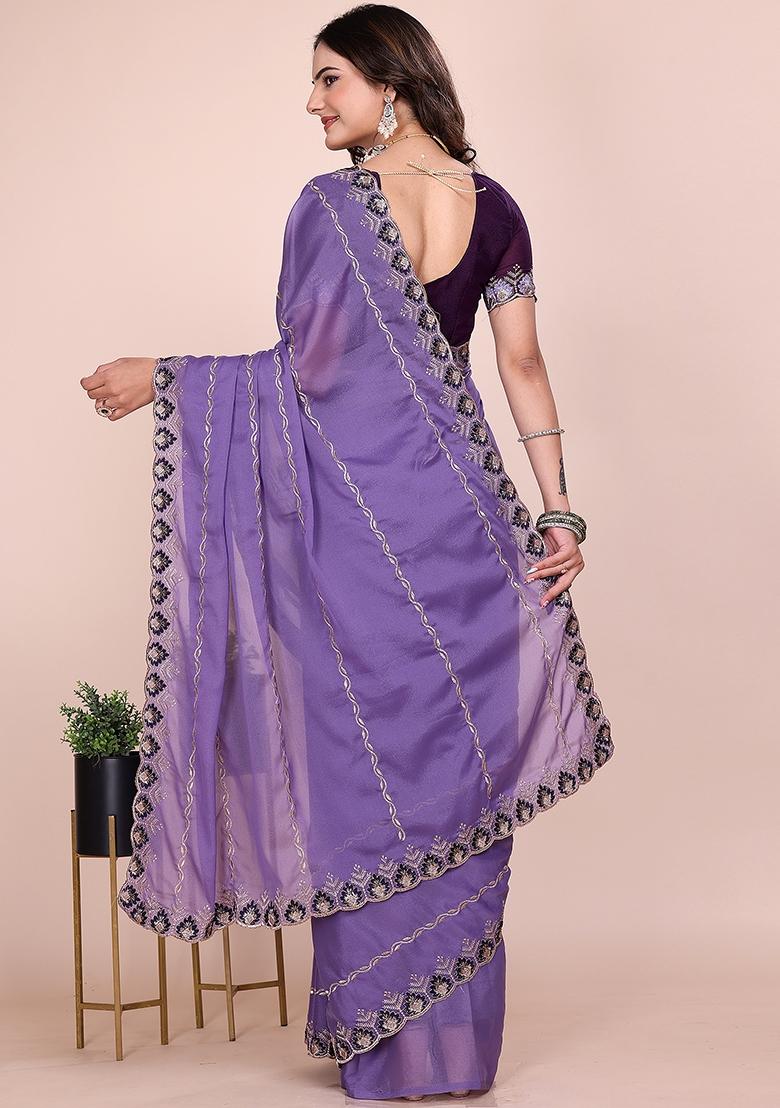 Purple Embroidered Georgette Saree Set