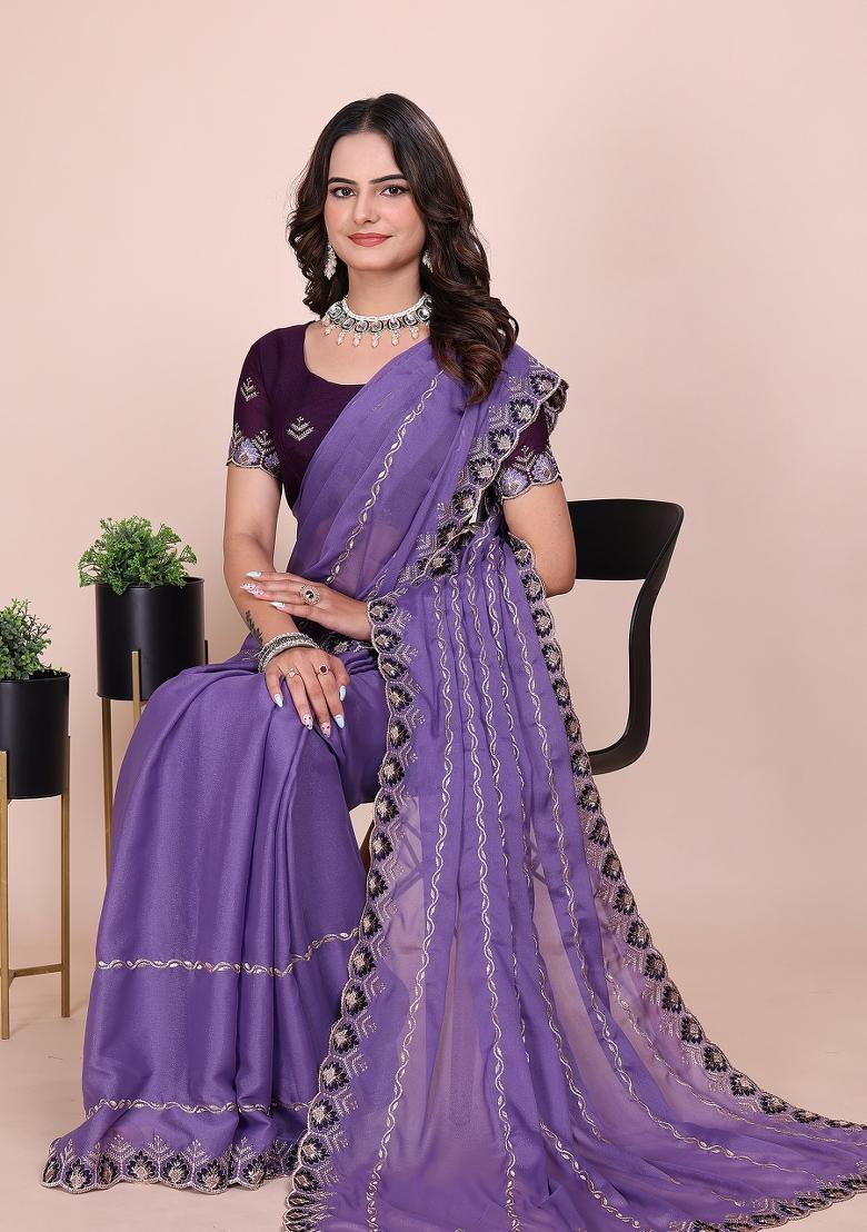 Purple Embroidered Georgette Saree Set
