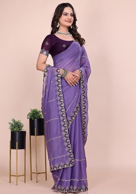 Purple Embroidered Georgette Saree Set