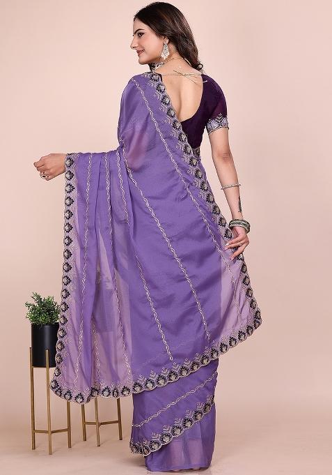 Purple Embroidered Georgette Saree Set