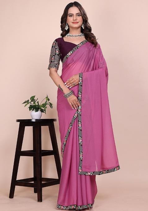 Pink Embroidered Georgette Saree Set