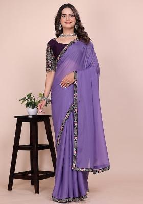 Purple Embroidered Georgette Saree Set