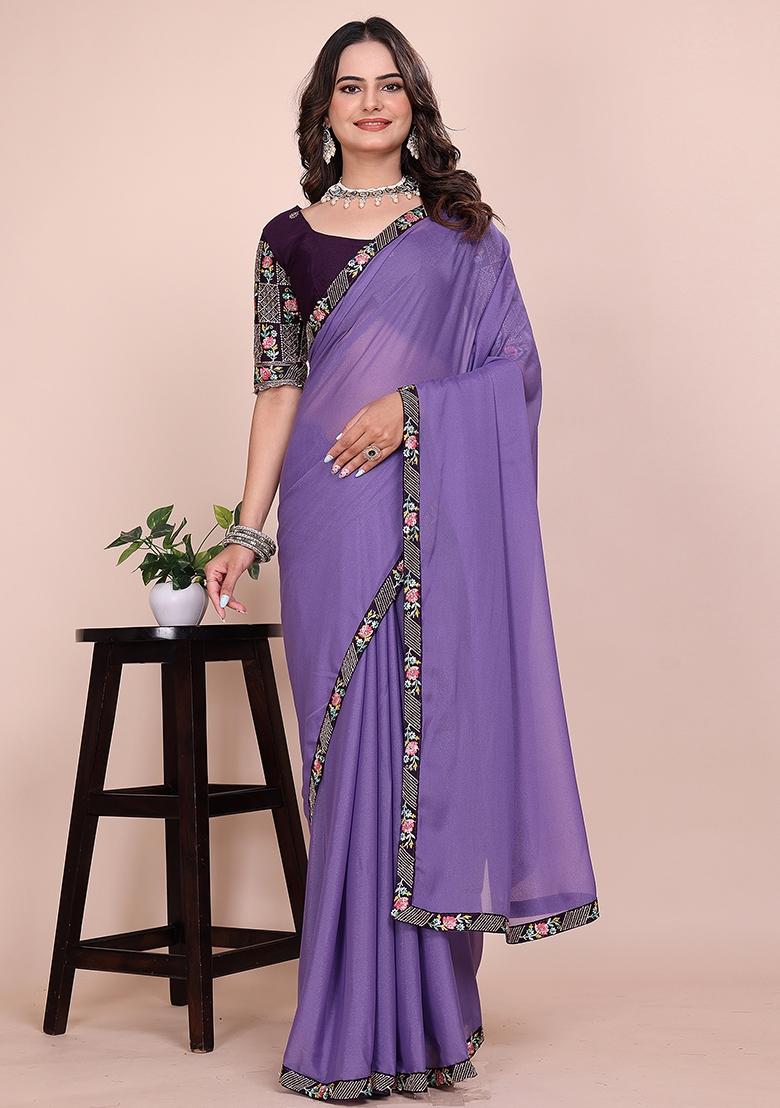 Purple Embroidered Georgette Saree Set