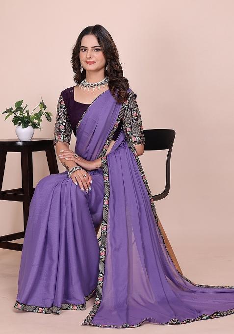 Purple Embroidered Georgette Saree Set