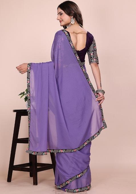 Purple Embroidered Georgette Saree Set