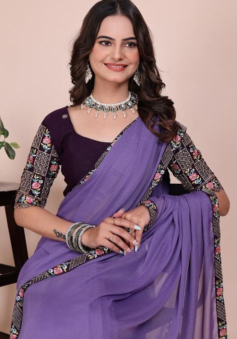 Purple Embroidered Georgette Saree Set