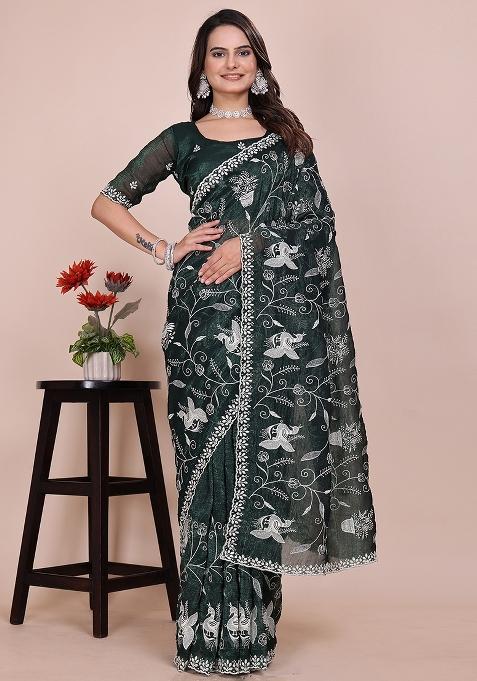 Bottel Green Embroidered Chiffon Saree Set