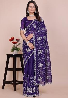 Purple Embroidered Chiffon Saree Set