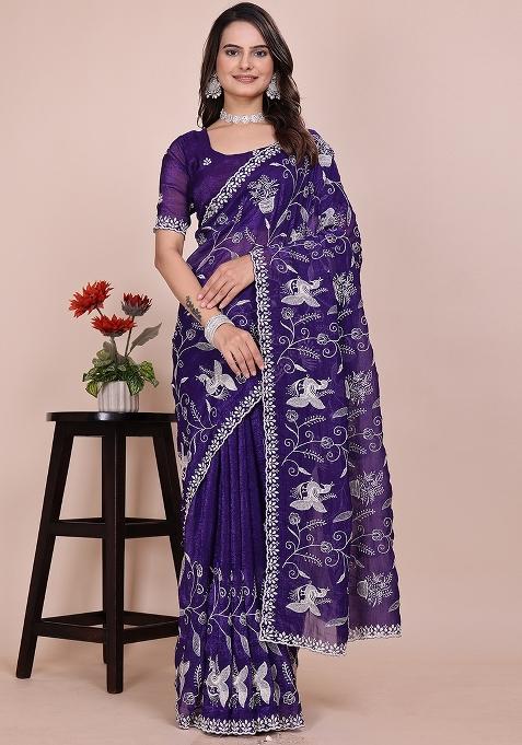 Purple Embroidered Chiffon Saree Set