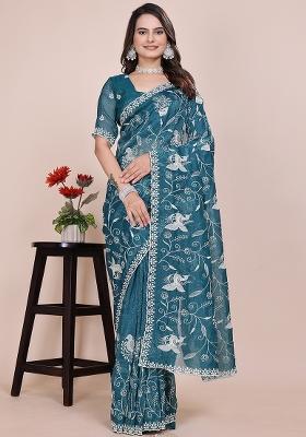 Rama Embroidered Chiffon Saree Set