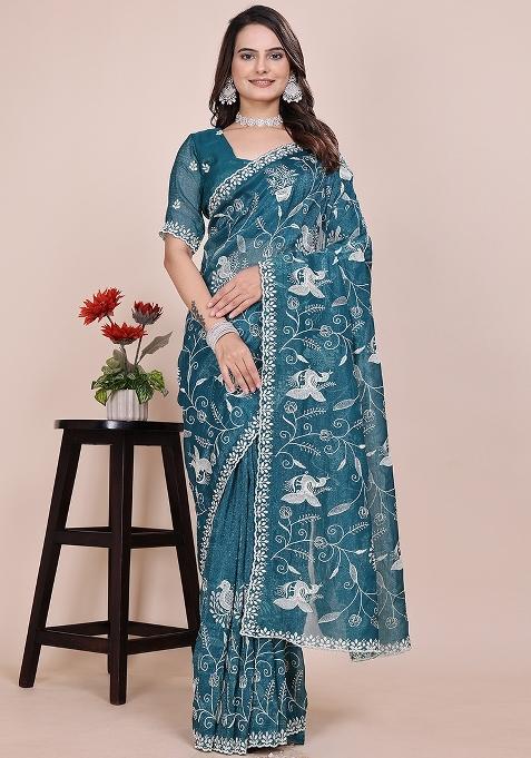 Rama Embroidered Chiffon Saree Set