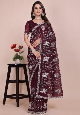 Wine Embroidered Chiffon Saree Set