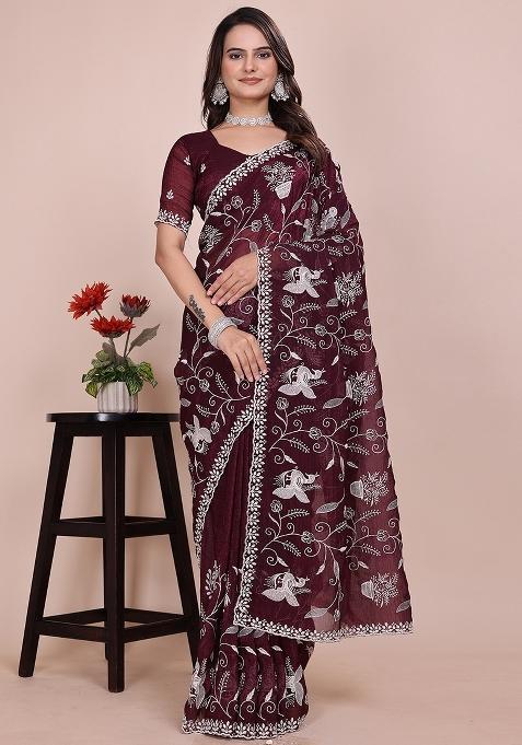 Wine Embroidered Chiffon Saree Set