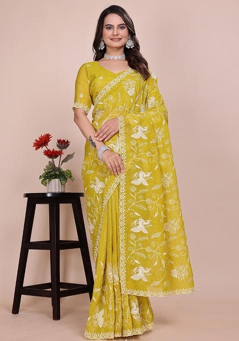 Yellow Embroidered Chiffon Saree Set