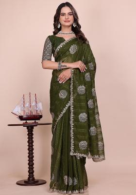 Green Embroidered Chiffon Saree Set