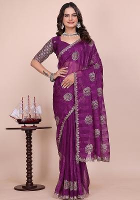 Wine Embroidered Chiffon Saree Set