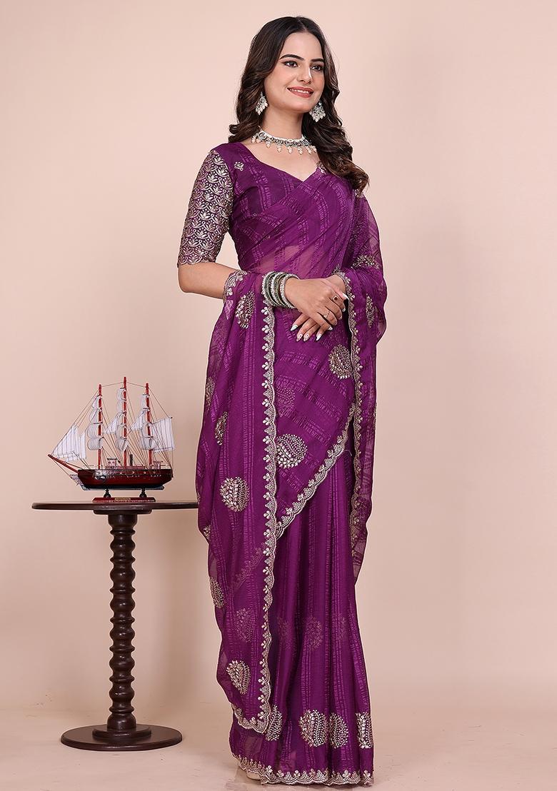 Wine Embroidered Chiffon Saree Set