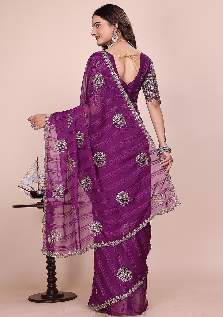 Wine Embroidered Chiffon Saree Set