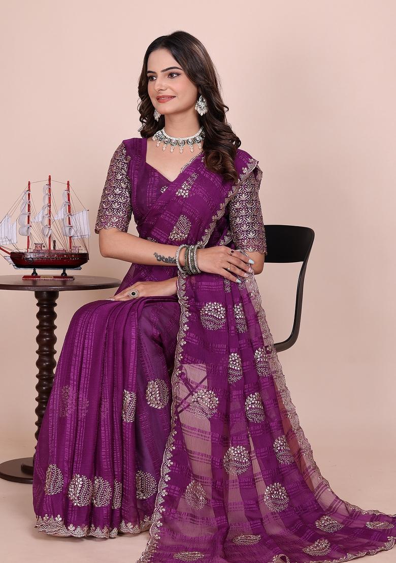 Wine Embroidered Chiffon Saree Set