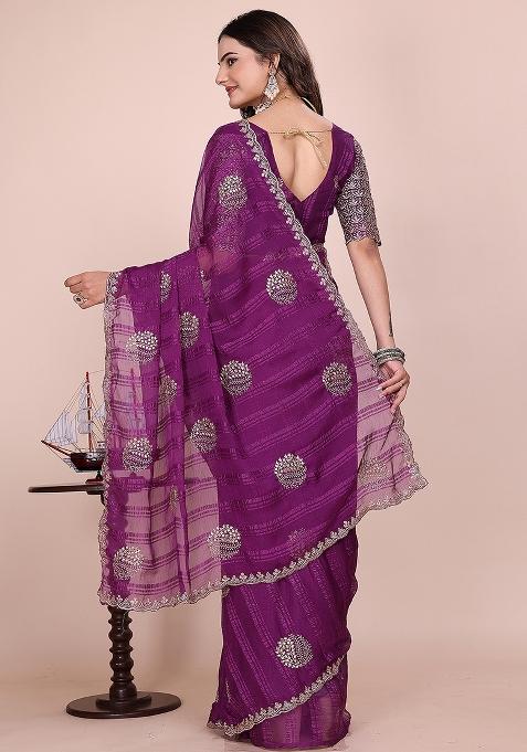 Wine Embroidered Chiffon Saree Set