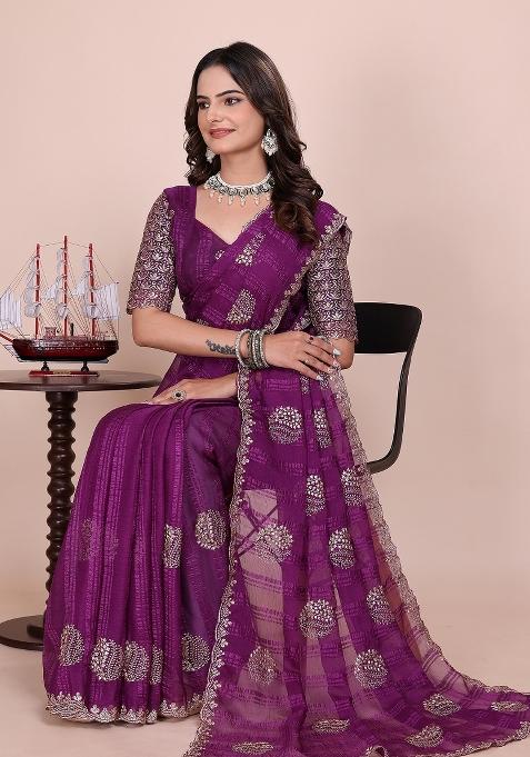 Wine Embroidered Chiffon Saree Set