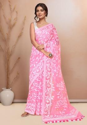 Light Pink Embroidered Cotton Saree