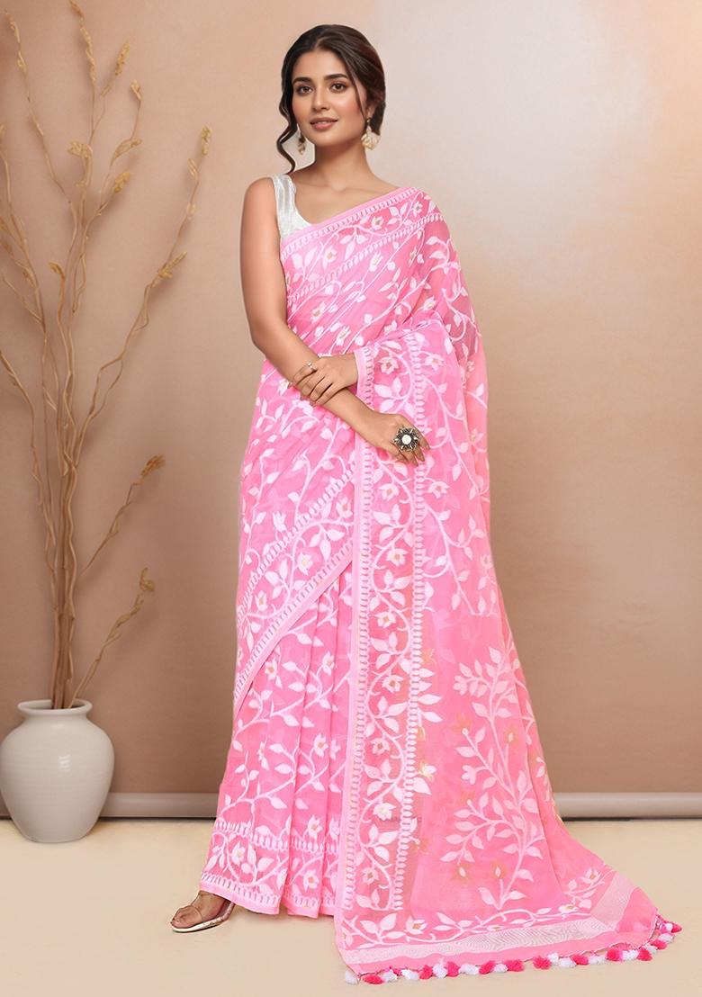Light Pink Embroidered Cotton Saree