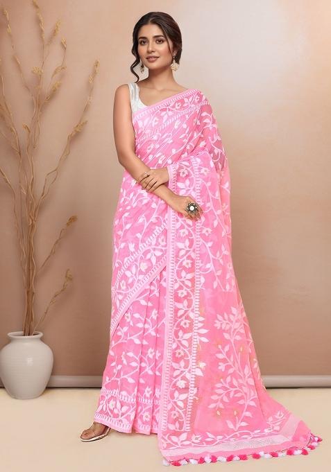 Light Pink Embroidered Cotton Saree
