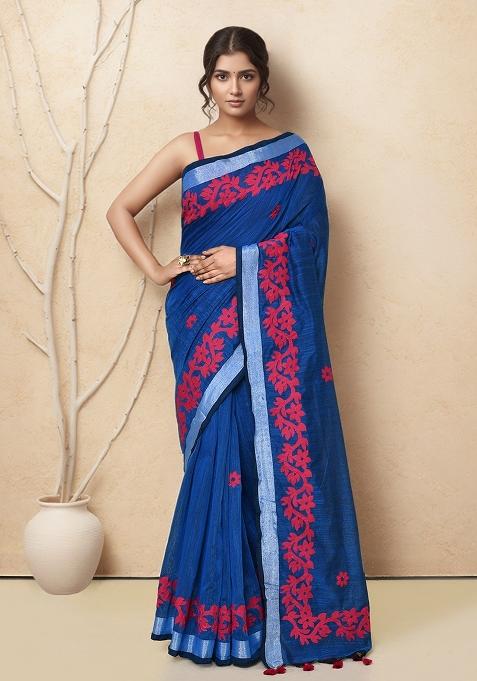 Blue Embroidered Cotton Saree Set