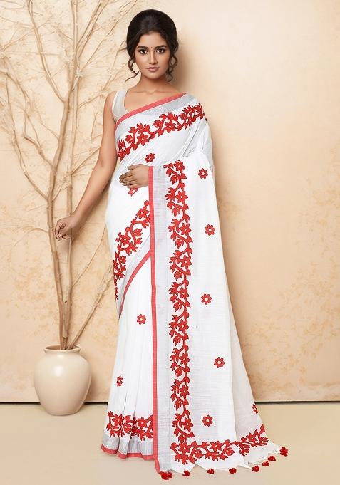 White And Red Embroidered Cotton Saree Set