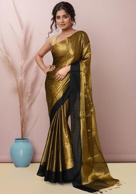 Gold Black Embroidered Cotton Saree Set
