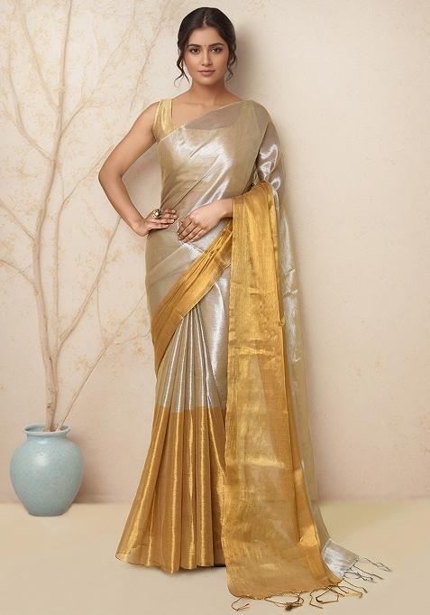Light Beige Embroidered Cotton Saree Set