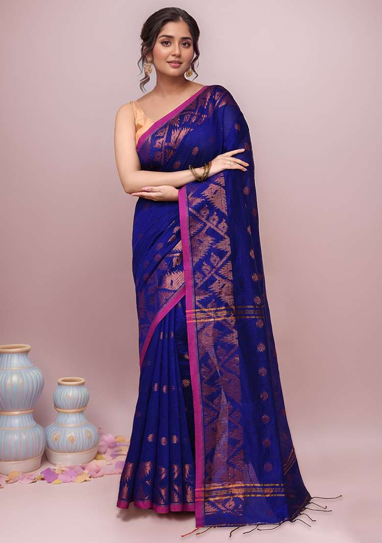 Blue Embroidered Cotton Saree Set - Indya