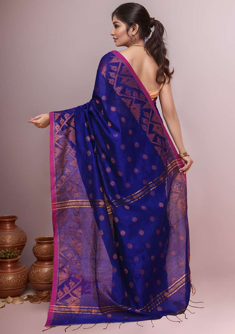 Blue Embroidered Cotton Saree Set - Indya