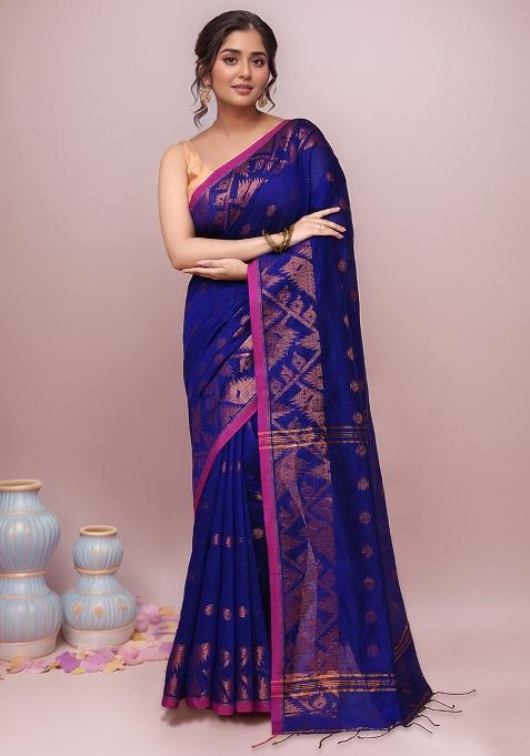 Blue Embroidered Cotton Saree Set