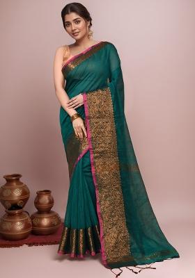 Green Embroidered Cotton Saree Set