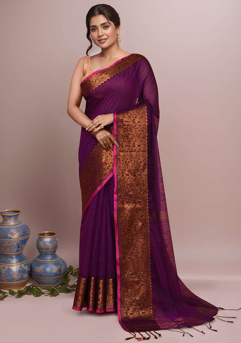 Wine Embroidered Cotton Saree Set - Indya