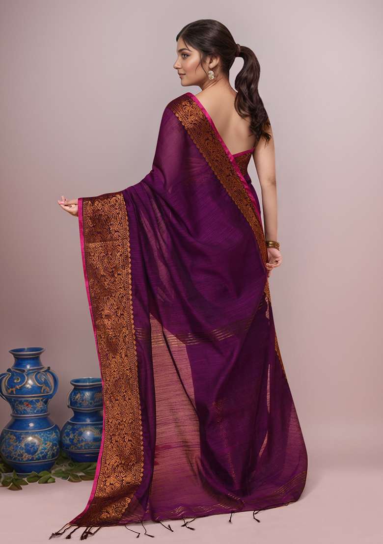 Wine Embroidered Cotton Saree Set - Indya