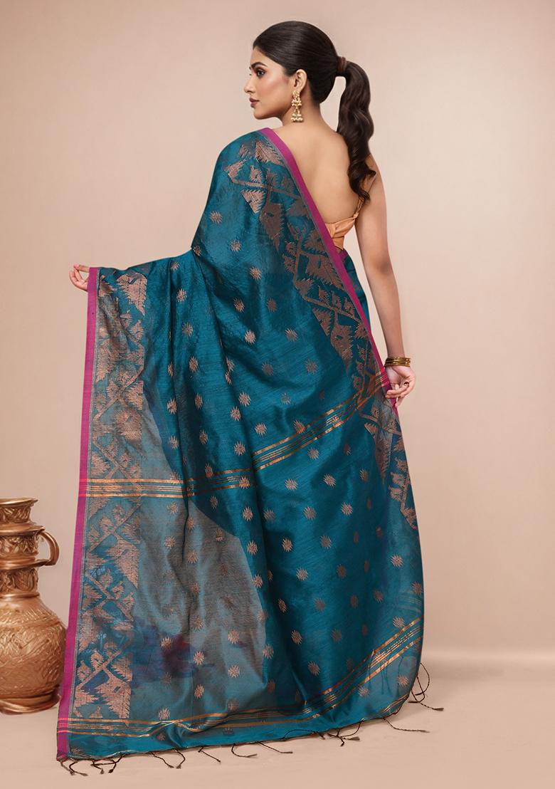 Aqua Blue Embroidered Cotton Saree Set - Indya